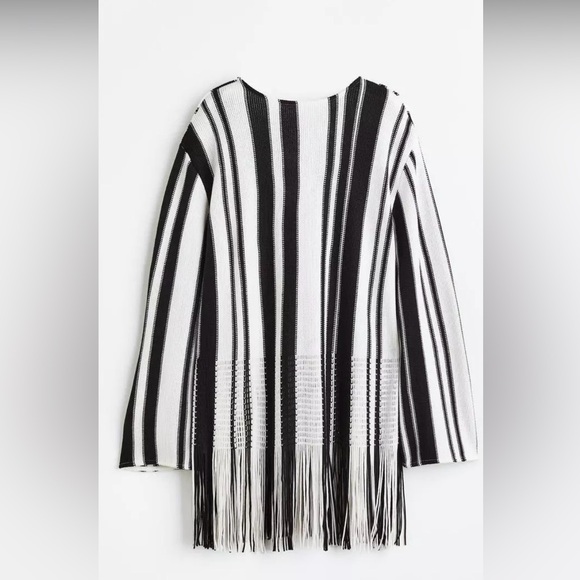 H&M Sweaters - H&M Black & Cream Striped Fringe Knit Poncho Sweater